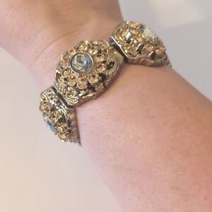 713 Vintage Chunky Gold with Amber‎ Crystal Rhinestones Stretch Bracelet